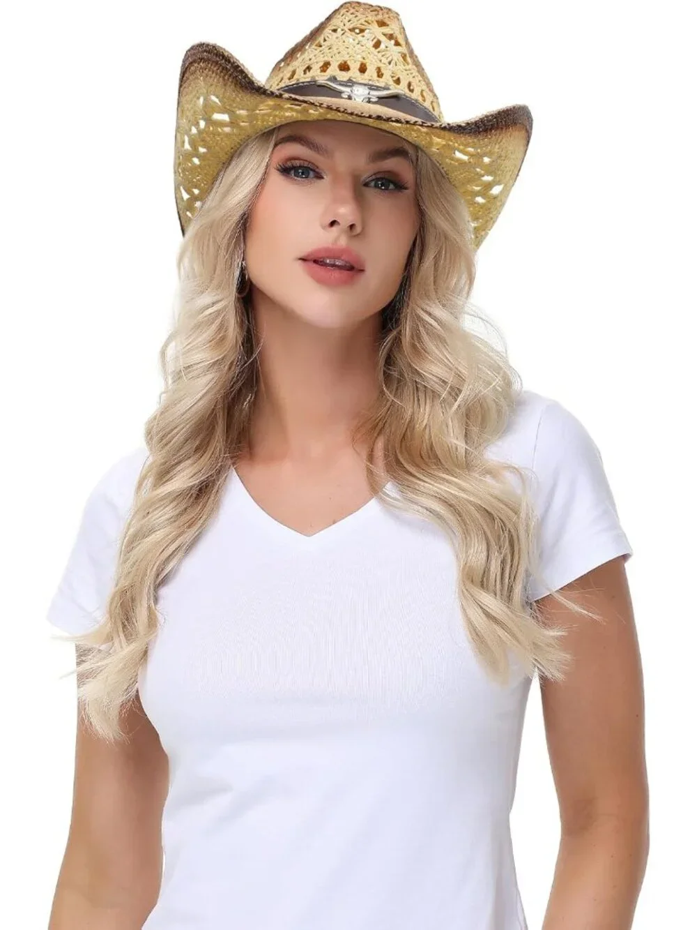 Men's Beige Elastic Closure Straw Wide with Shapeable Brim Western Cowboy Hat